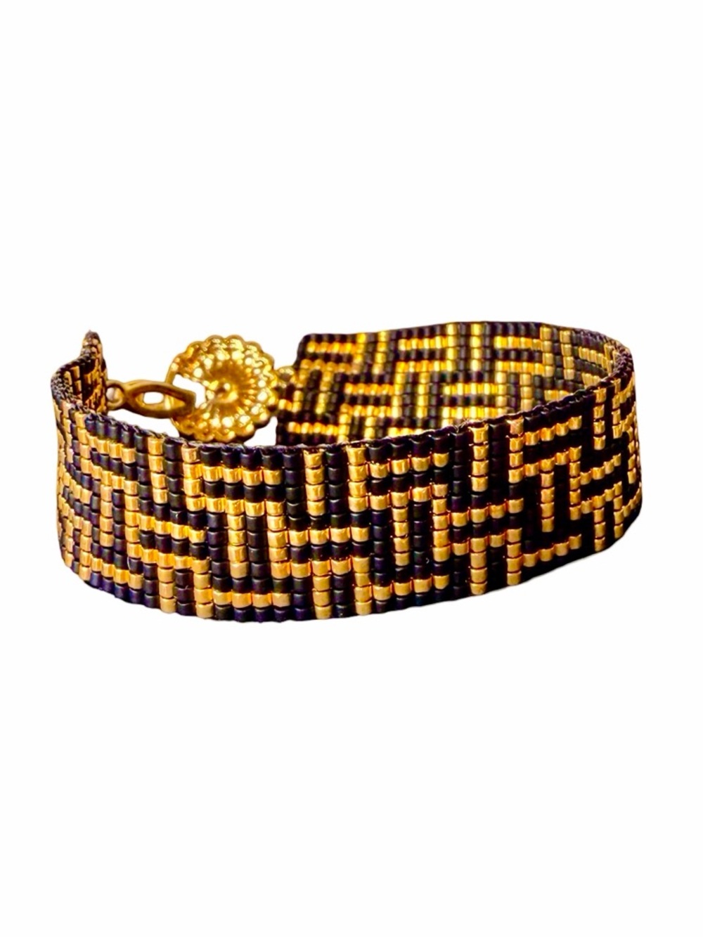 Black Gold Art Deco Beaded Bracelet | Geometric Loom Cuff | CZ Clasp - Picture 8 of 11